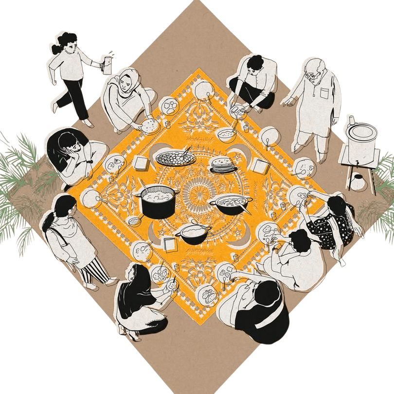 Illustration of a community sharing a festive meal