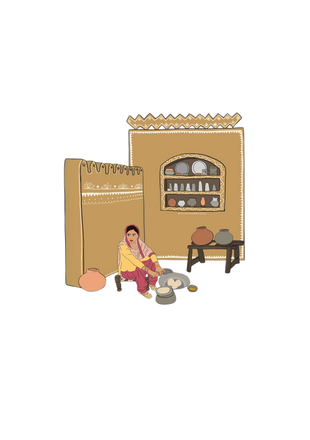 Illustration of a woman beside her traditional mud kitchen shelf