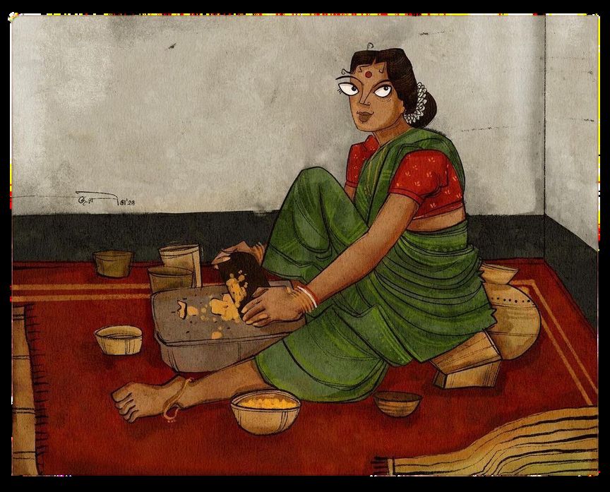 Painting of a woman cooking at home